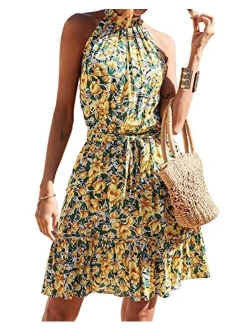 BTFBM Women Floral Dresses Casual Summer Sleeveless Halter Neck Ruffle Bottom Belt Boho Polka Dot Leopard Print Sun Short Dress