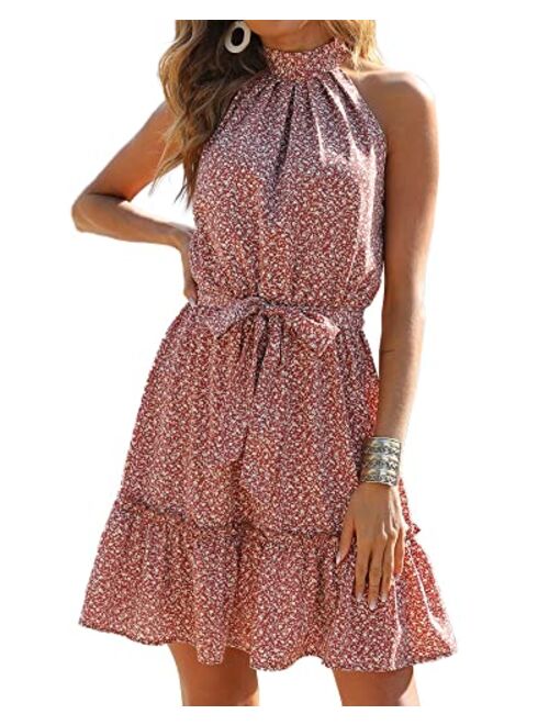 BTFBM Women Floral Dresses Casual Summer Sleeveless Halter Neck Ruffle Bottom Belt Boho Polka Dot Leopard Print Sun Short Dress