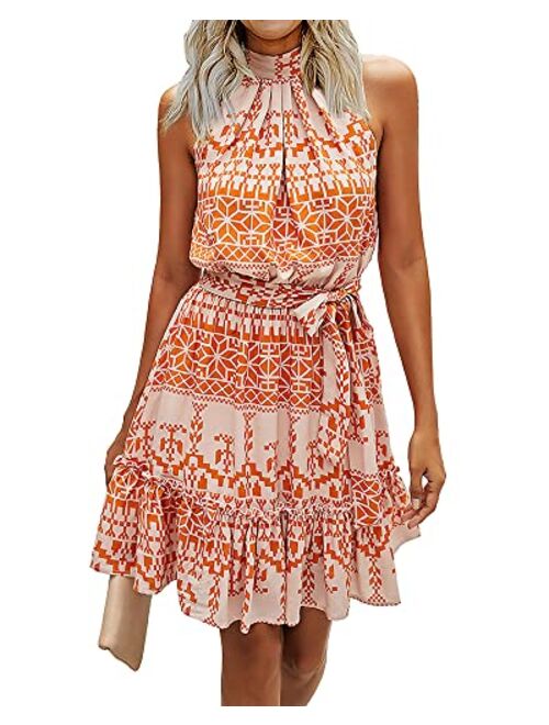 BTFBM Women Floral Dresses Casual Summer Sleeveless Halter Neck Ruffle Bottom Belt Boho Polka Dot Leopard Print Sun Short Dress