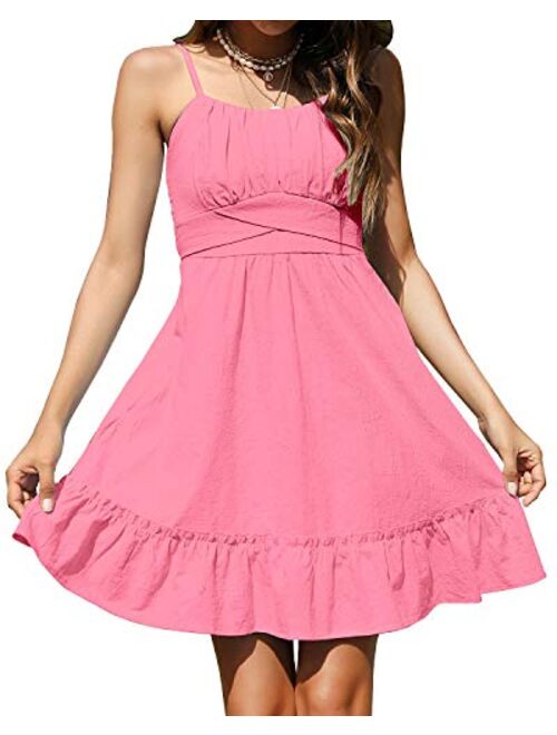 ROYLAMP Women's Summer Spaghetti Strap Dress Casual Wrap Sleeveless Backless Ruffle Hem Swing Mini Dress with Pockets