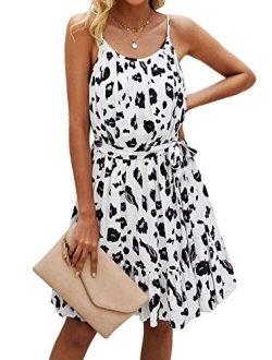 Womens Summer Spaghetti Strap Dresses Floral Print Crewneck Sleeveless Ruffle Mini Short Dress with Belt