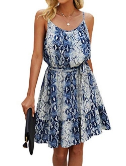 Womens Summer Spaghetti Strap Dresses Floral Print Crewneck Sleeveless Ruffle Mini Short Dress with Belt