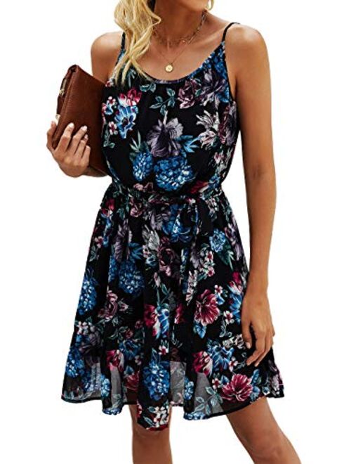 PRETTYGARDEN Women’s Summer Spaghetti Strap Dresses Floral Print Crewneck Sleeveless Ruffle Mini Short Dress with Belt