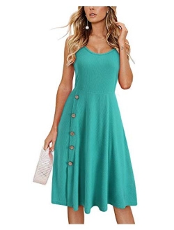 STYLEWORD Women's Button Side Spaghetti Strap Summer Dress Round Neck Midi Casual Sundress