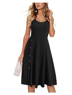 STYLEWORD Women's Button Side Spaghetti Strap Summer Dress Round Neck Midi Casual Sundress