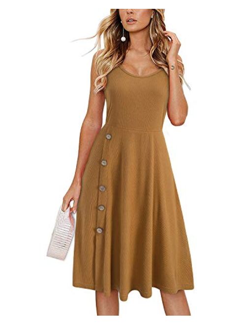 STYLEWORD Women's Button Side Spaghetti Strap Summer Dress Round Neck Midi Casual Sundress