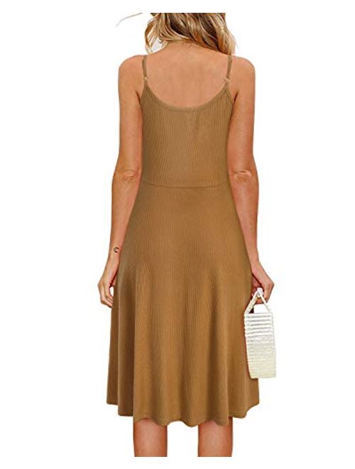 STYLEWORD Women's Button Side Spaghetti Strap Summer Dress Round Neck Midi Casual Sundress