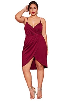 Women's Plus Size Sexy Wrap Deep V-Neck Split Summer Spaghetti Strap Sleeveless Party Mini Cami Dress