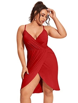 Women's Plus Size Sexy Wrap Deep V-Neck Split Summer Spaghetti Strap Sleeveless Party Mini Cami Dress