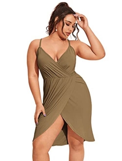 Women's Plus Size Sexy Wrap Deep V-Neck Split Summer Spaghetti Strap Sleeveless Party Mini Cami Dress