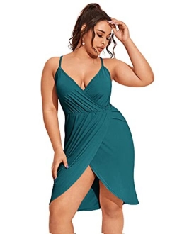 Women's Plus Size Sexy Wrap Deep V-Neck Split Summer Spaghetti Strap Sleeveless Party Mini Cami Dress