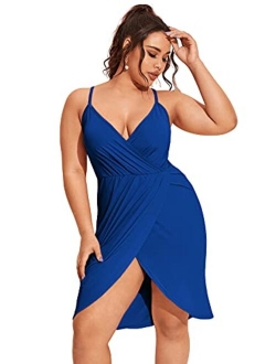 Women's Plus Size Sexy Wrap Deep V-Neck Split Summer Spaghetti Strap Sleeveless Party Mini Cami Dress