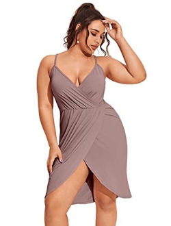 Women's Plus Size Sexy Wrap Deep V-Neck Split Summer Spaghetti Strap Sleeveless Party Mini Cami Dress