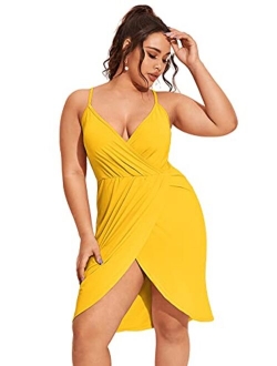 Women's Plus Size Sexy Wrap Deep V-Neck Split Summer Spaghetti Strap Sleeveless Party Mini Cami Dress