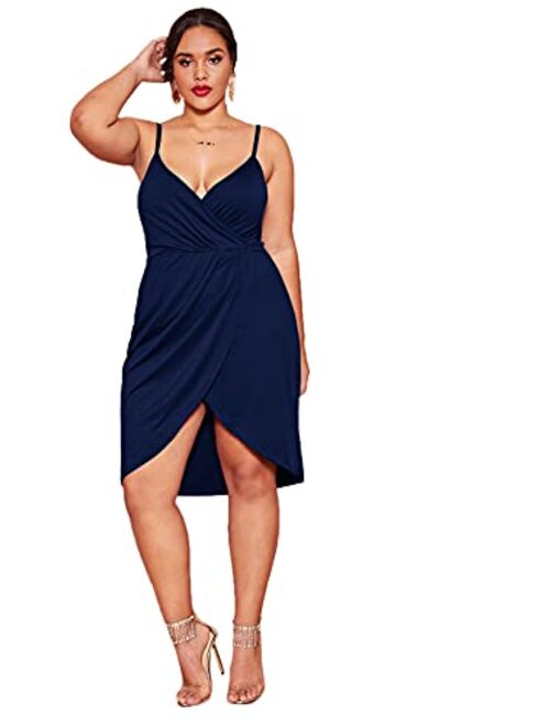 Romwe Women's Plus Size Sexy Wrap Deep V-Neck Split Summer Spaghetti Strap Sleeveless Party Mini Cami Dress