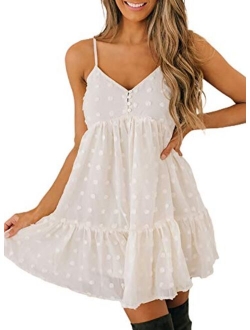 Azokoe 2021 Women Summer Swiss Dots Dresses Casual V Neck A-Line Swing Mini Dress