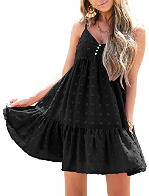 Azokoe 2021 Women Summer Swiss Dots Dresses Casual V Neck A-Line Swing Mini Dress