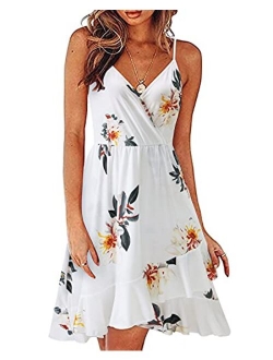 STYLEWORD Women's Casual Summer V Neck Floral Spaghetti Strap Ruffle Dress