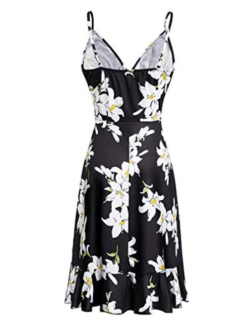 STYLEWORD Women's Casual Summer V Neck Floral Spaghetti Strap Ruffle Dress