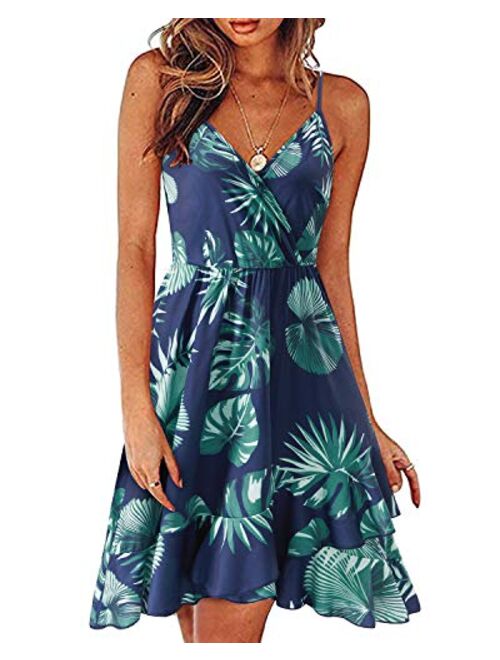 STYLEWORD Women's Casual Summer V Neck Floral Spaghetti Strap Ruffle Dress