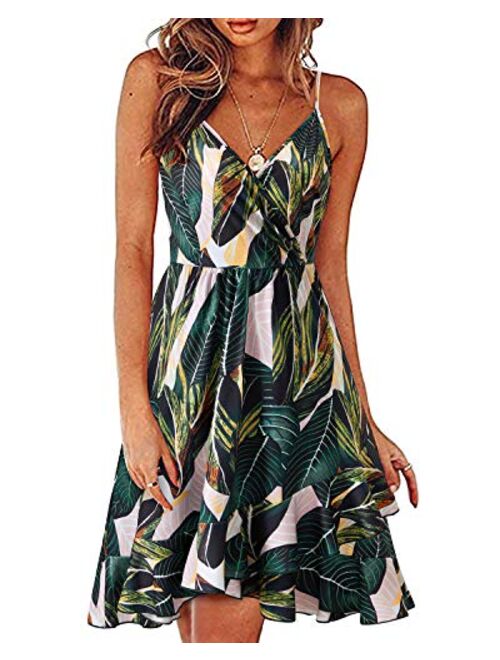 STYLEWORD Women's Casual Summer V Neck Floral Spaghetti Strap Ruffle Dress