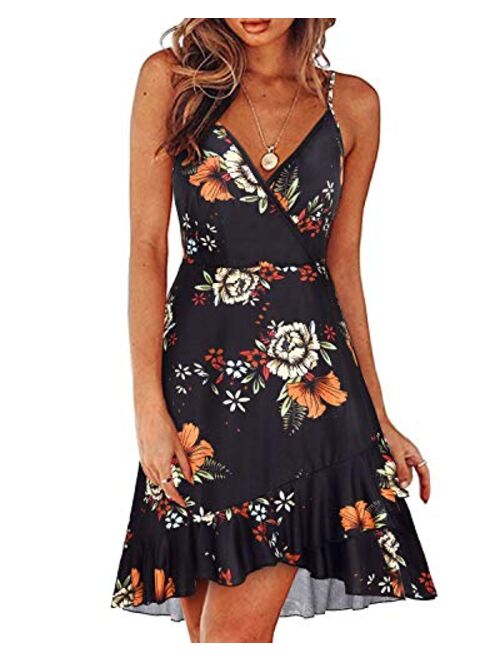 STYLEWORD Women's Casual Summer V Neck Floral Spaghetti Strap Ruffle Dress