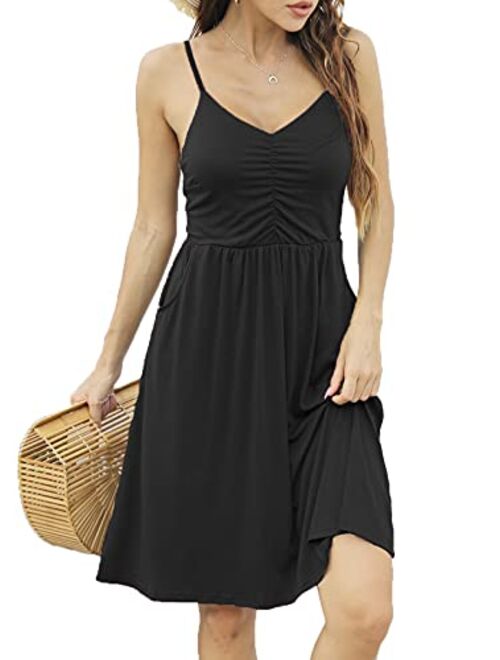 Hount Womens Casual Beach Summer Dresses A Line Spaghett Strap Sundresses Sleeveless Swing Dress with Pockets