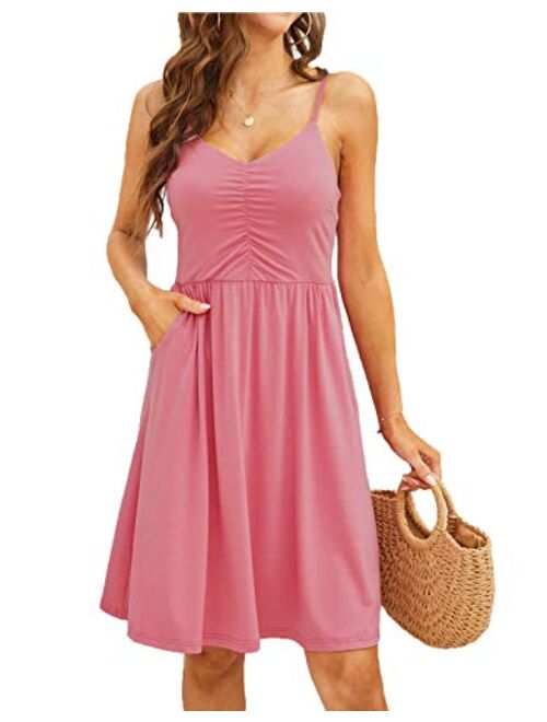 Hount Womens Casual Beach Summer Dresses A Line Spaghett Strap Sundresses Sleeveless Swing Dress with Pockets