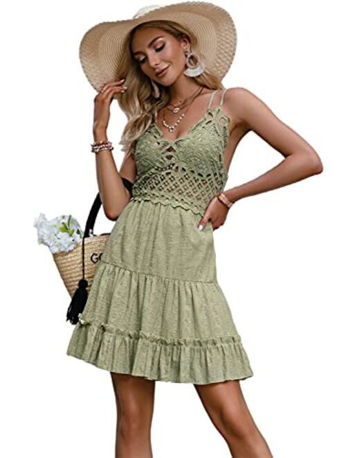 Glamaker Women’s Summer Lace V Neck Short Dress Spaghetti Strap Backless Mini Skater Dress