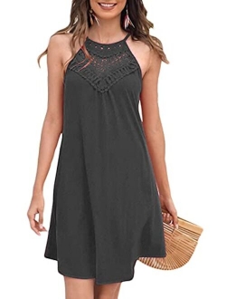 Sweetnight Womens Summer Sleeveless Halter Neck Lace Swing Tunic Tank Dress Casual Short Sundresses