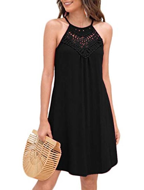 Sweetnight Womens Summer Sleeveless Halter Neck Lace Swing Tunic Tank Dress Casual Short Sundresses