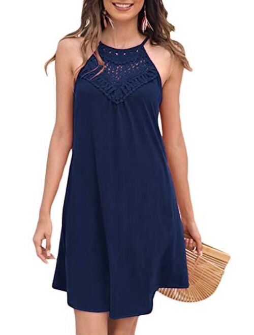 Sweetnight Womens Summer Sleeveless Halter Neck Lace Swing Tunic Tank Dress Casual Short Sundresses