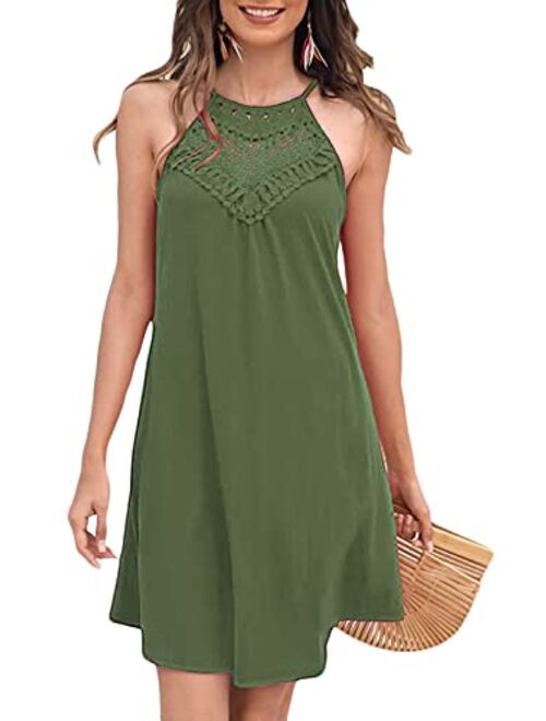 Sweetnight Womens Summer Sleeveless Halter Neck Lace Swing Tunic Tank Dress Casual Short Sundresses