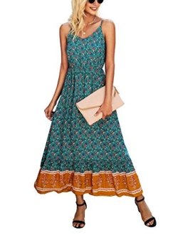 KIRUNDO Summer Women’s Spaghetti Maxi Dress V Neck High Waist Backless Adjustable Straps Floral Boho Dress Party Beach Dress