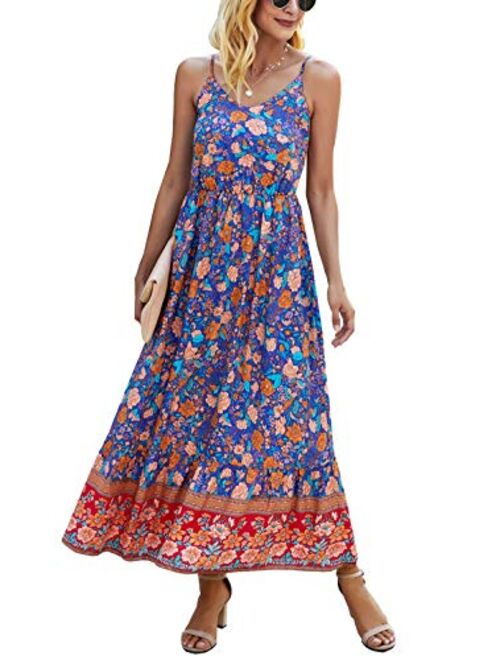 KIRUNDO Summer Women’s Spaghetti Maxi Dress V Neck High Waist Backless Adjustable Straps Floral Boho Dress Party Beach Dress