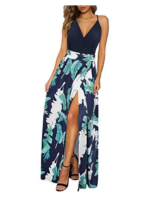 Newshows Women's Summer V Neck Spaghetti Strap Sleeveless Casual Split Long Maxi Dress