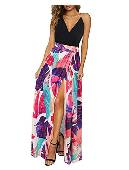 Newshows Women's Summer V Neck Spaghetti Strap Sleeveless Casual Split Long Maxi Dress