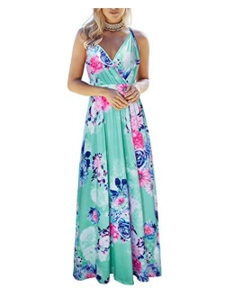 VOTEPRETTY Womens V Neck Wrap Spaghetti Strap Summer Casual Beach Floral Pockets Maxi Dress