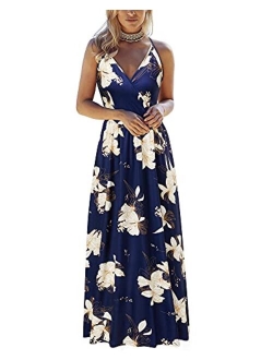 VOTEPRETTY Womens V Neck Wrap Spaghetti Strap Summer Casual Beach Floral Pockets Maxi Dress