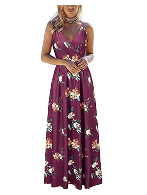 VOTEPRETTY Womens V Neck Wrap Spaghetti Strap Summer Casual Beach Floral Pockets Maxi Dress