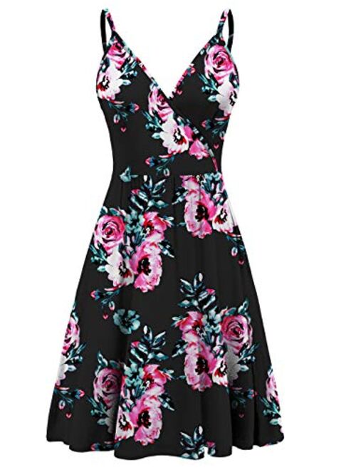 WEACZZY Women's Summer Floral Spaghetti Strap Sundress Sleeveless V-Neck Swing Casual Dresses with Pockets