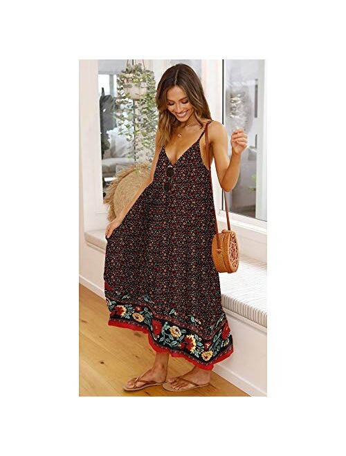 Women's Summer V-Neck Spaghetti Straps Pocket Floral Print Casual Bohemian Midi Dress