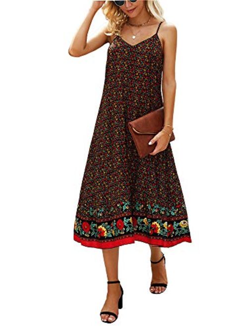 Women's Summer V-Neck Spaghetti Straps Pocket Floral Print Casual Bohemian Midi Dress