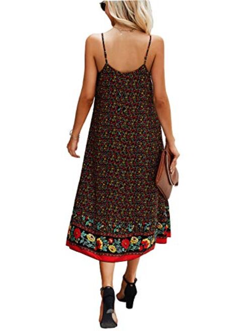 Women's Summer V-Neck Spaghetti Straps Pocket Floral Print Casual Bohemian Midi Dress