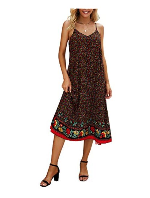 Women's Summer V-Neck Spaghetti Straps Pocket Floral Print Casual Bohemian Midi Dress