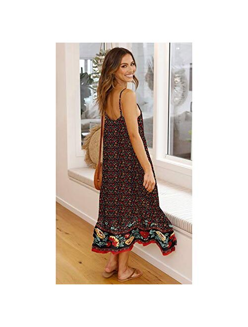 Women's Summer V-Neck Spaghetti Straps Pocket Floral Print Casual Bohemian Midi Dress