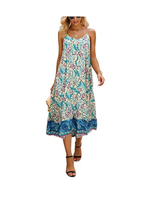 Women's Summer V-Neck Spaghetti Straps Pocket Floral Print Casual Bohemian Midi Dress