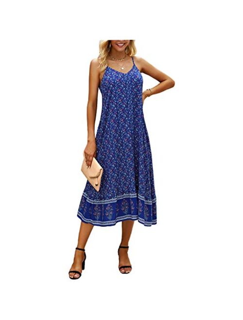 Women's Summer V-Neck Spaghetti Straps Pocket Floral Print Casual Bohemian Midi Dress