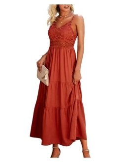 Dokuritu Women's Beach Crochet Lace Maxi Dress Summer Spaghetti Strap Maxi Dress