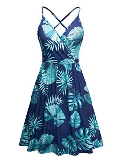 LAISHEN Women's Sundress V Neck Floral Spaghetti Strap Summer Casual Backless Swing Dress with Pocket